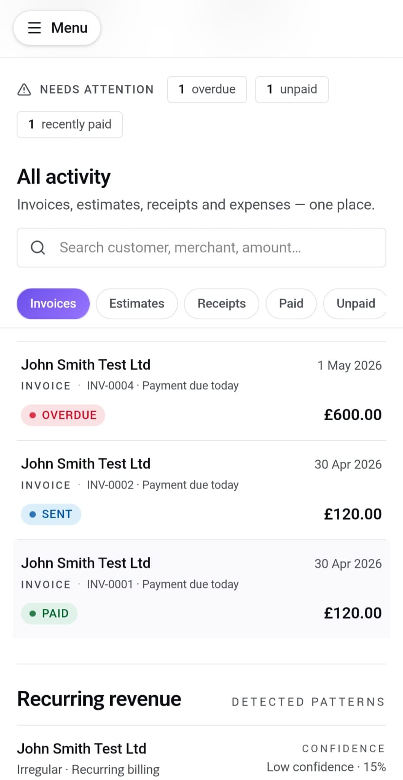 Ovaro mobile dashboard showing needs attention list and recent activity