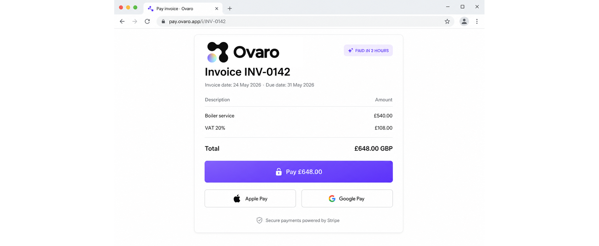 Ovaro hosted invoice payment page with Pay, Apple Pay and Google Pay buttons