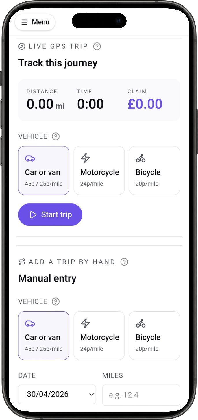 Ovaro mobile mileage tracker with Start trip button and HMRC vehicle rates