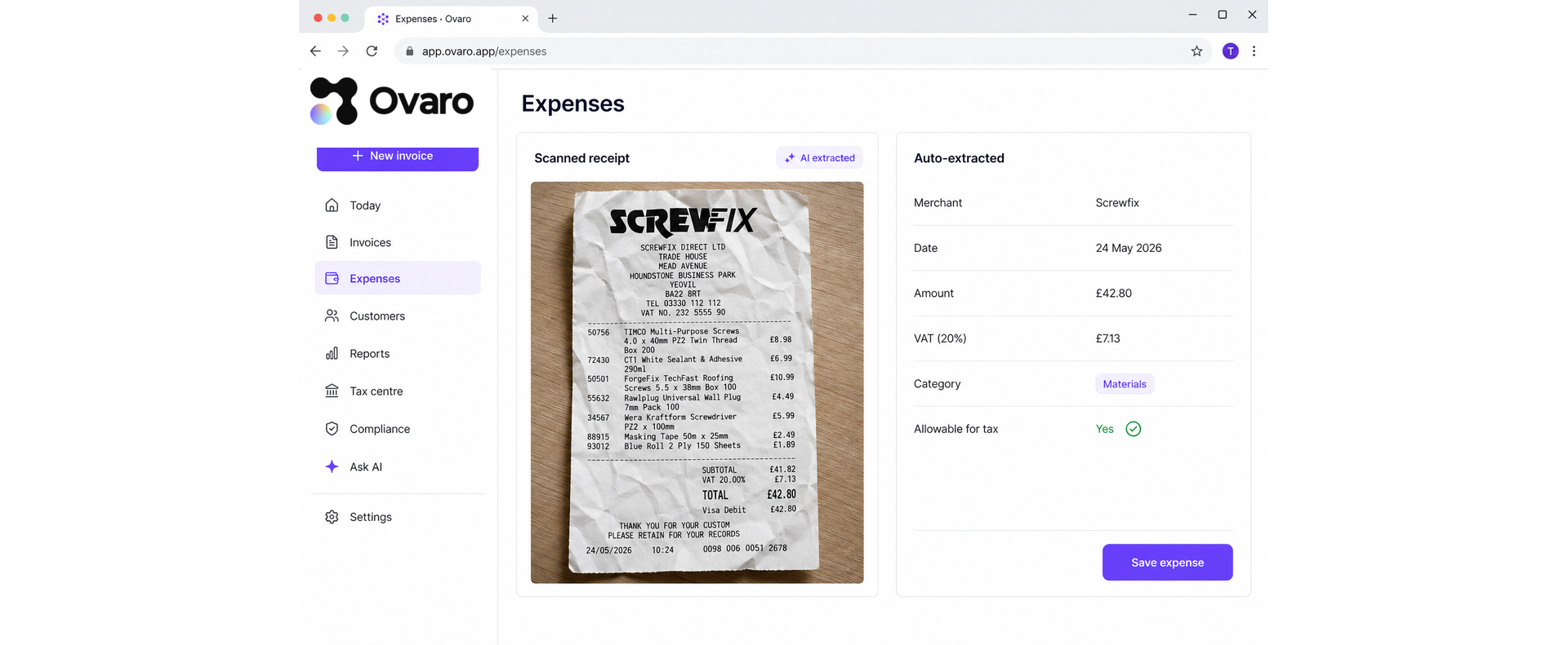 Ovaro Expenses page showing a scanned Screwfix receipt with AI-extracted fields