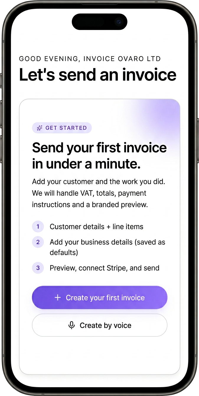Ovaro Smart Create on iPhone with voice-to-invoice composer