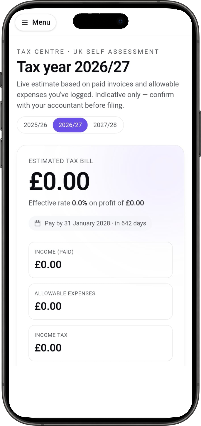 Ovaro mobile Tax centre with live Self Assessment estimate and Submit to HMRC button